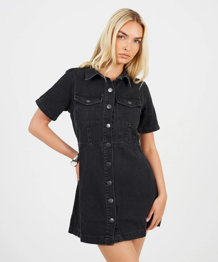 Black Button Down Collared Short Sleeve Denim Dress – Brave Soul