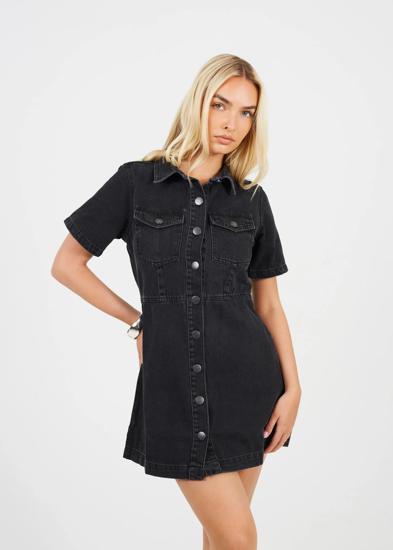 Black Button Down Collared Short Sleeve Denim Dress – Brave Soul