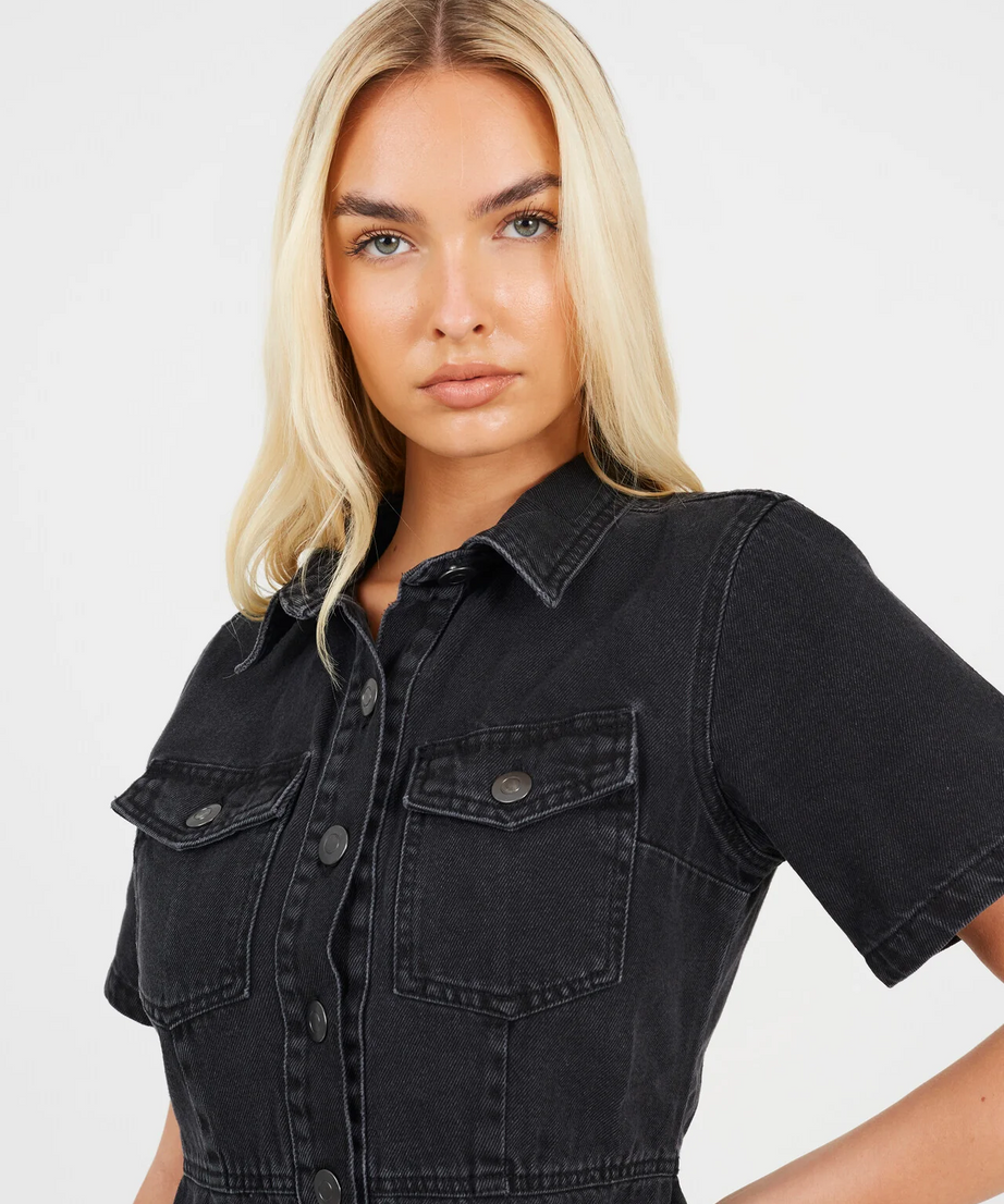 Black Button Down Collared Short Sleeve Denim Dress – Brave Soul
