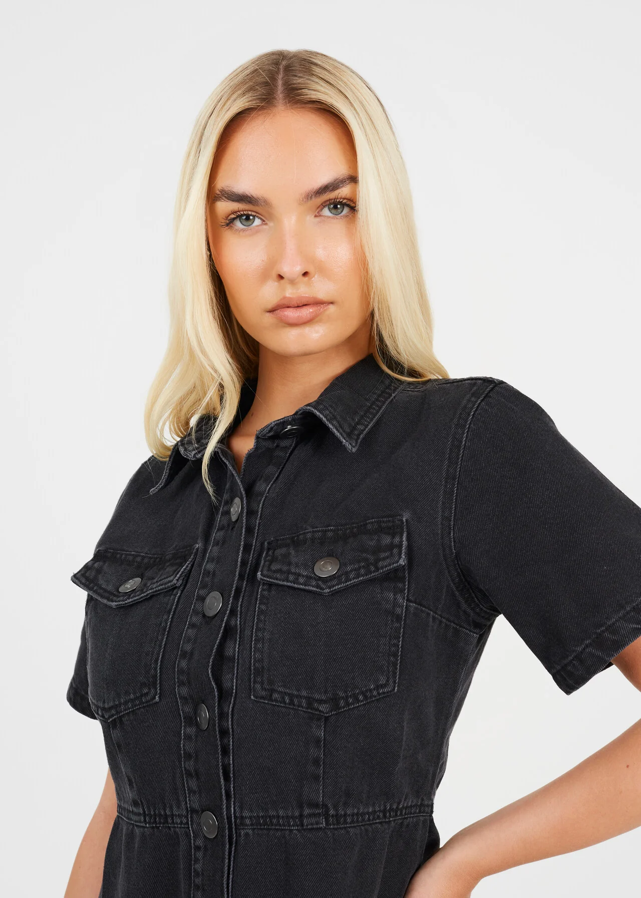 Black Button Down Collared Short Sleeve Denim Dress – Brave Soul