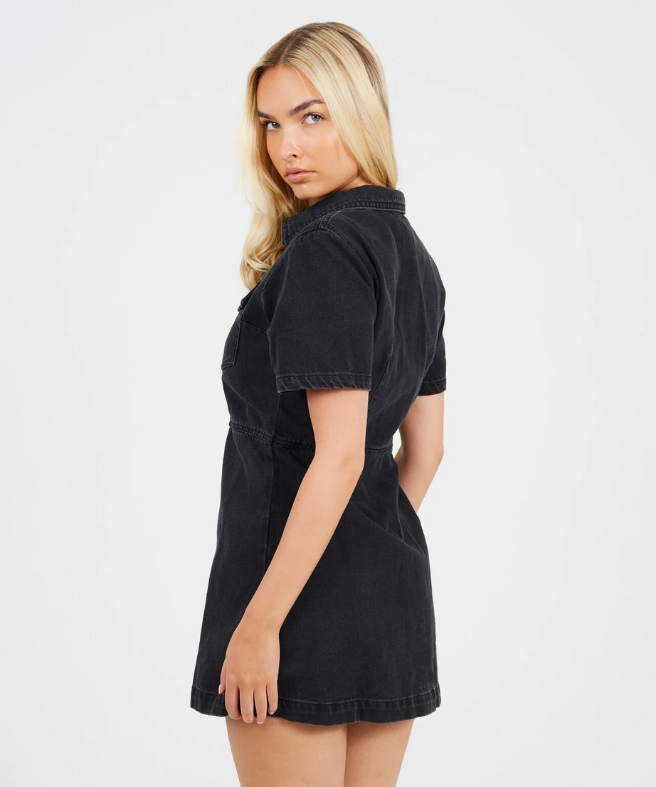 Black Button Down Collared Short Sleeve Denim Dress – Brave Soul