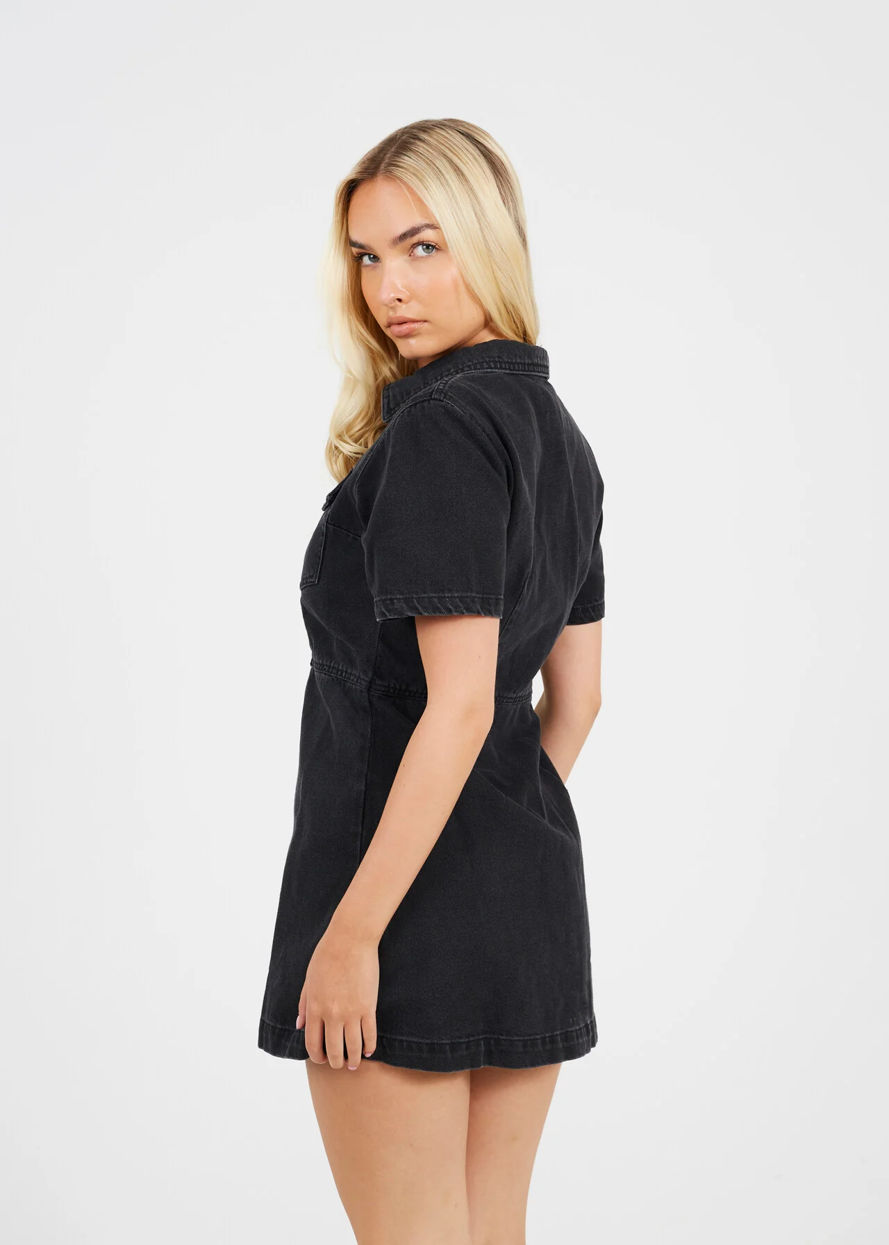 Black Button Down Collared Short Sleeve Denim Dress – Brave Soul