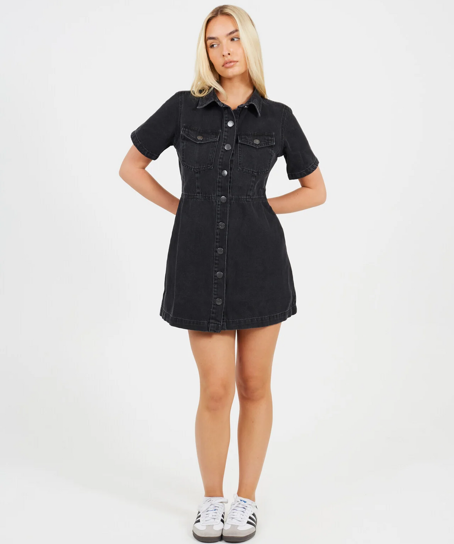 Black Button Down Collared Short Sleeve Denim Dress – Brave Soul