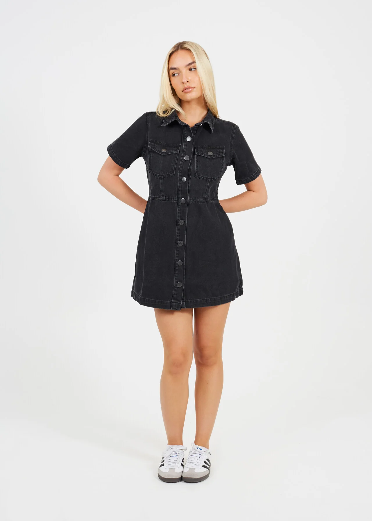 Black Button Down Collared Short Sleeve Denim Dress – Brave Soul