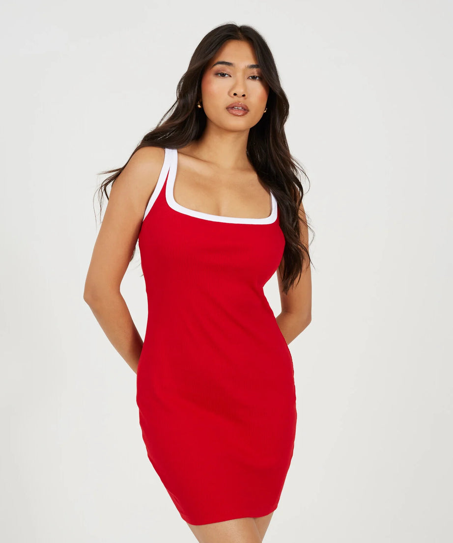 CONTRAST PIPING JERSEY BODYCON MINI DRESS, RED/WHITE