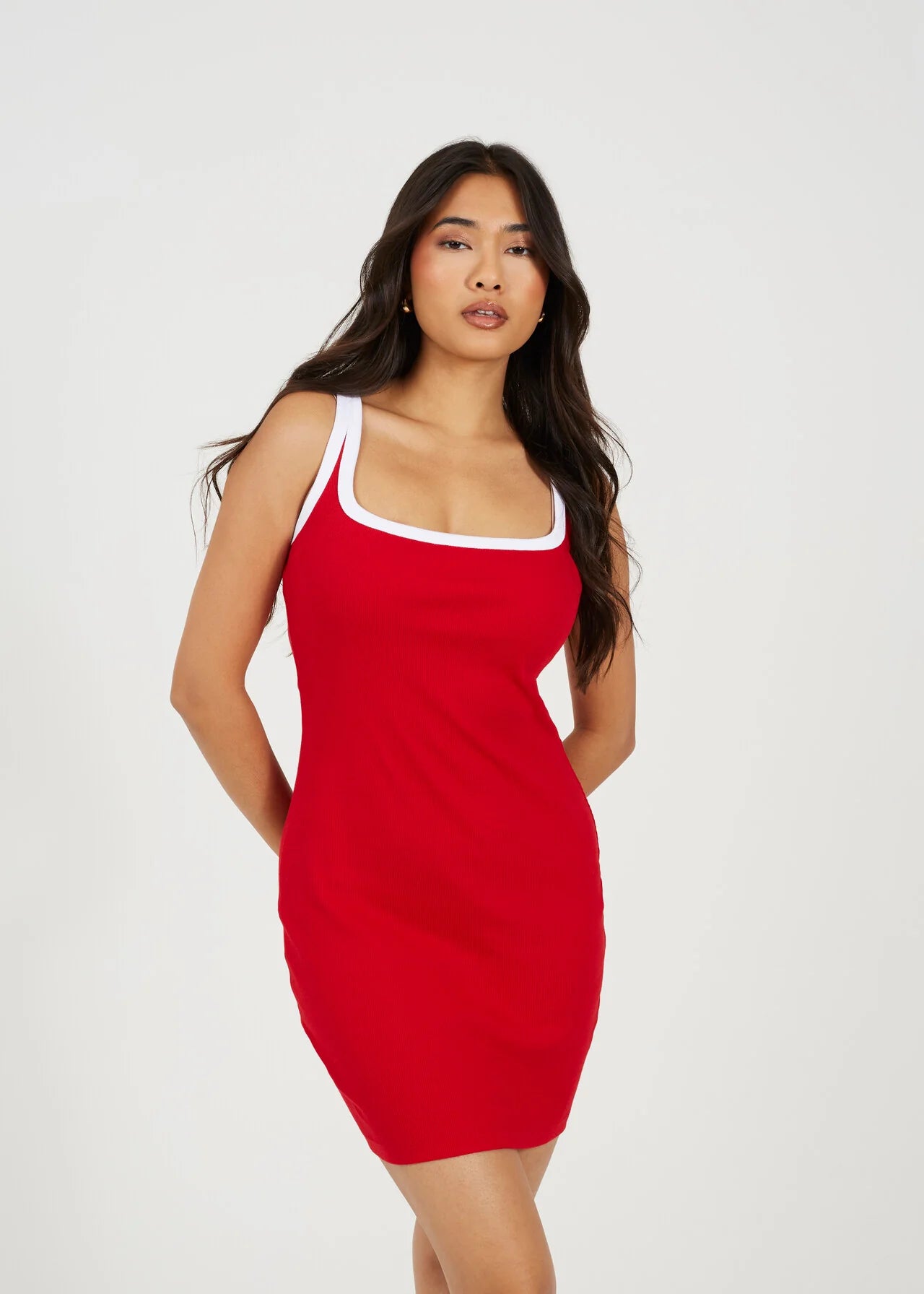 CONTRAST PIPING JERSEY BODYCON MINI DRESS, RED/WHITE