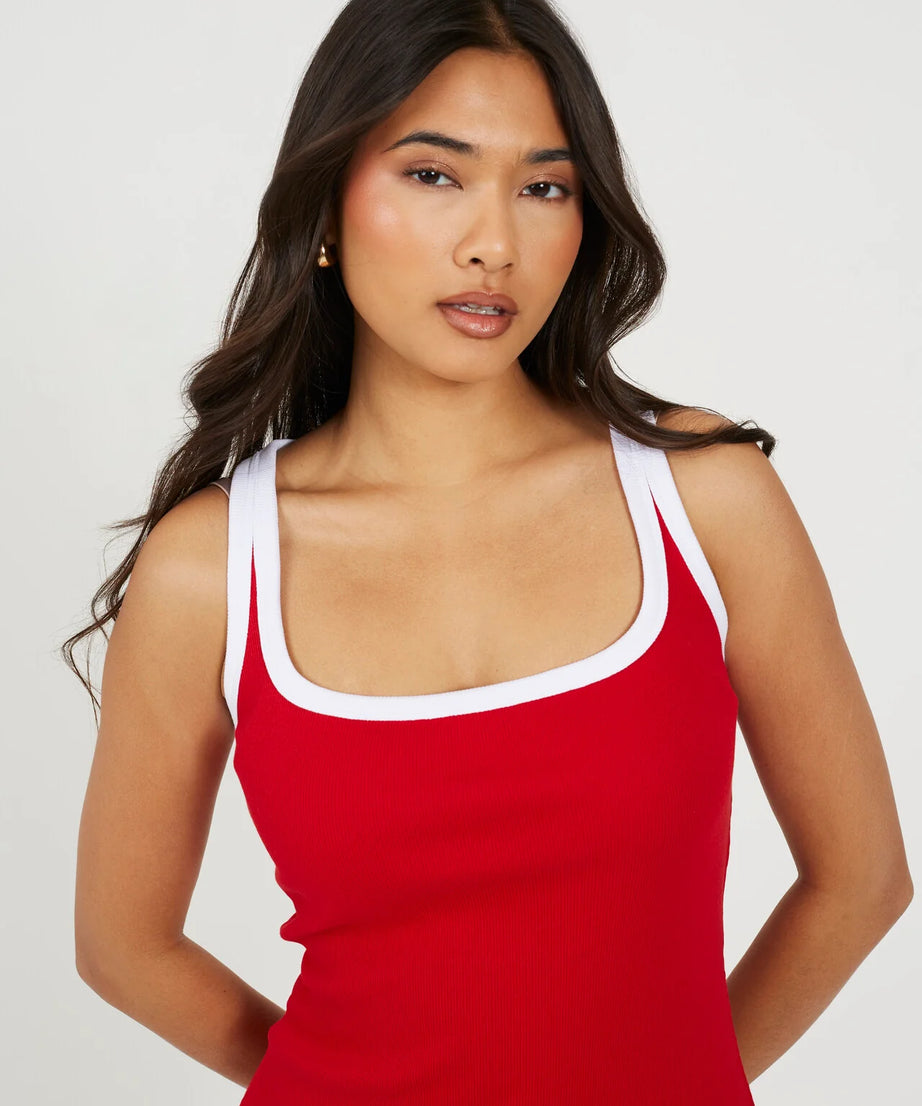 CONTRAST PIPING JERSEY BODYCON MINI DRESS, RED/WHITE