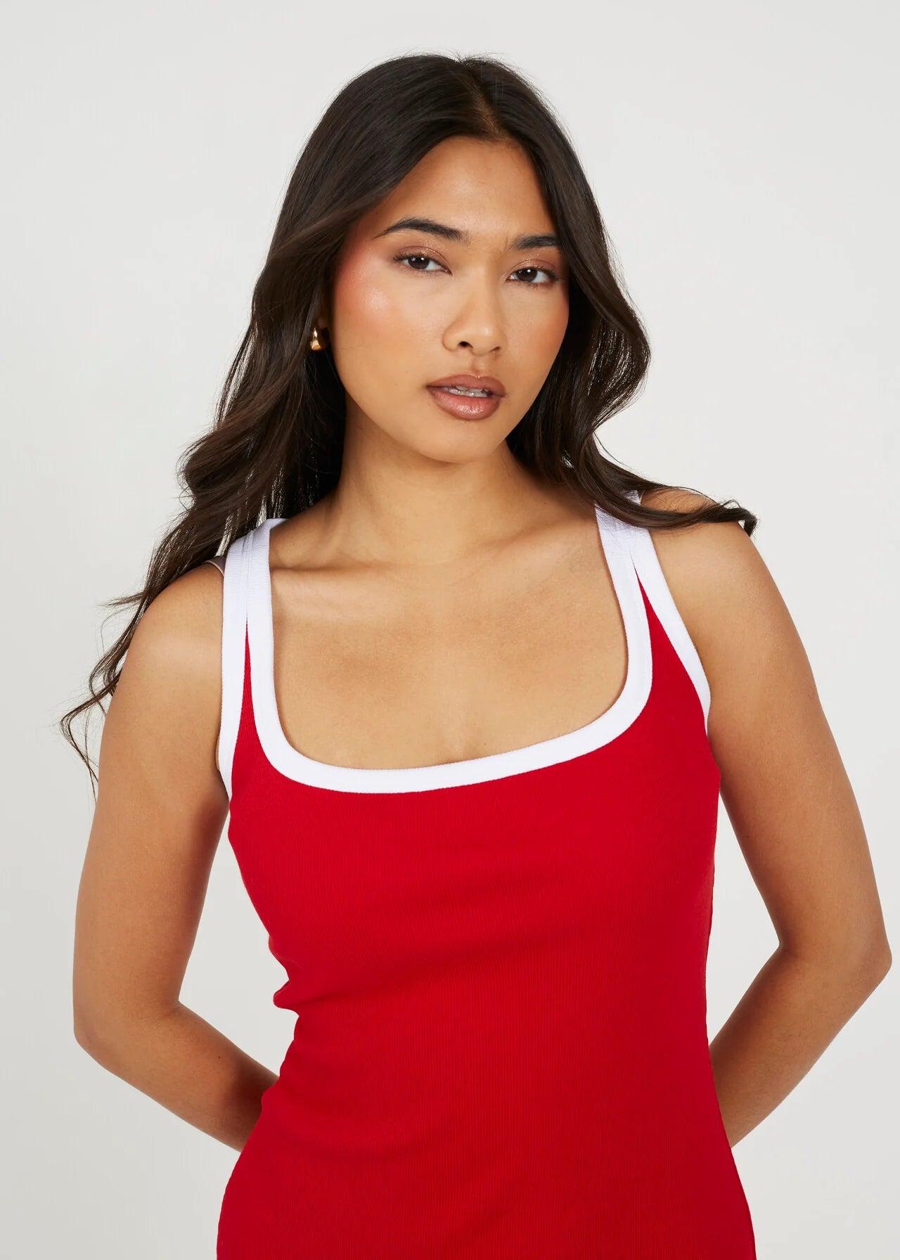 CONTRAST PIPING JERSEY BODYCON MINI DRESS, RED/WHITE