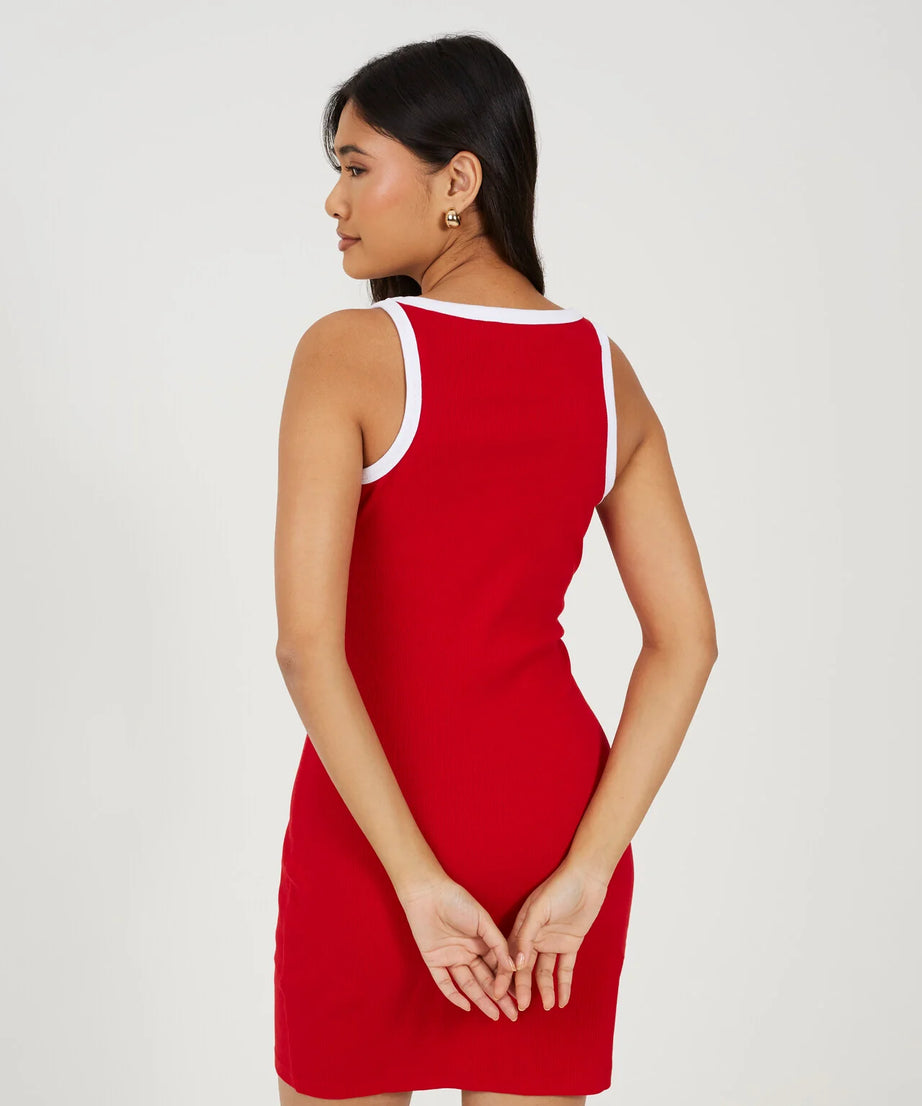 CONTRAST PIPING JERSEY BODYCON MINI DRESS, RED/WHITE