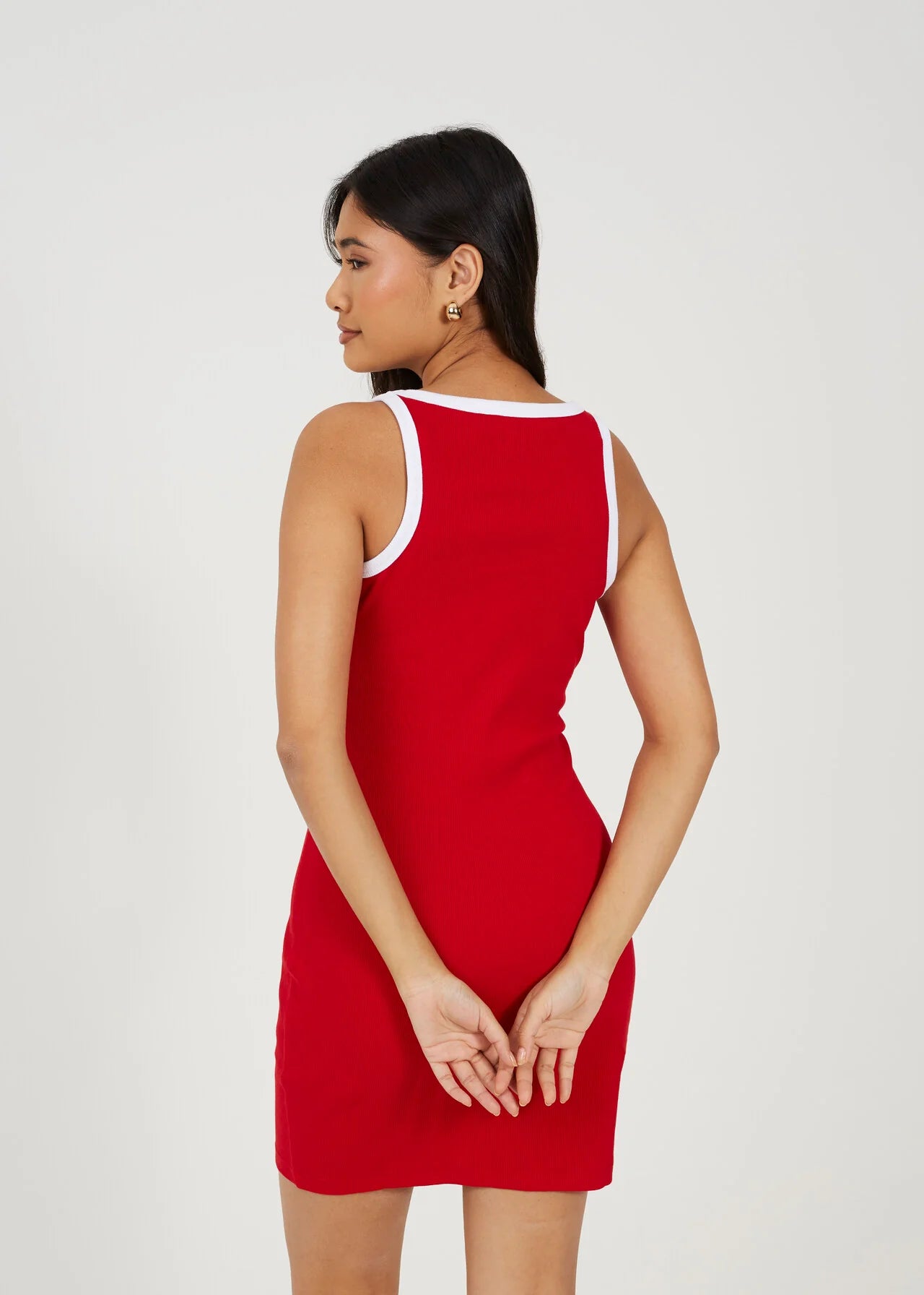 CONTRAST PIPING JERSEY BODYCON MINI DRESS, RED/WHITE