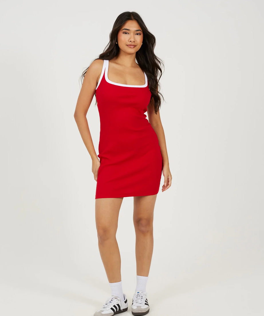 CONTRAST PIPING JERSEY BODYCON MINI DRESS, RED/WHITE