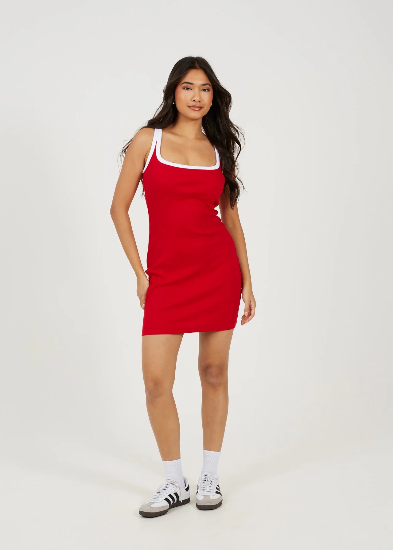 CONTRAST PIPING JERSEY BODYCON MINI DRESS, RED/WHITE