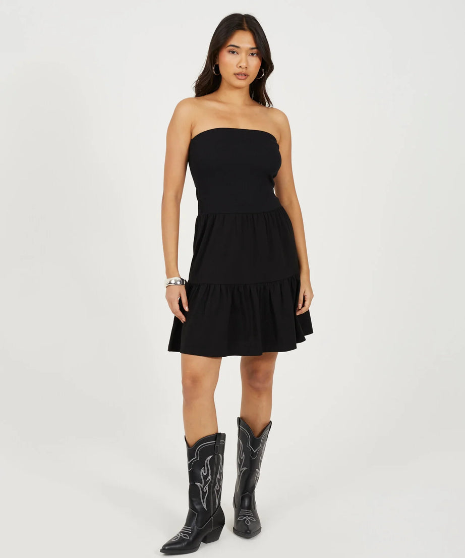 JERSEY TIERRED STRAPLESS MINI DRESS