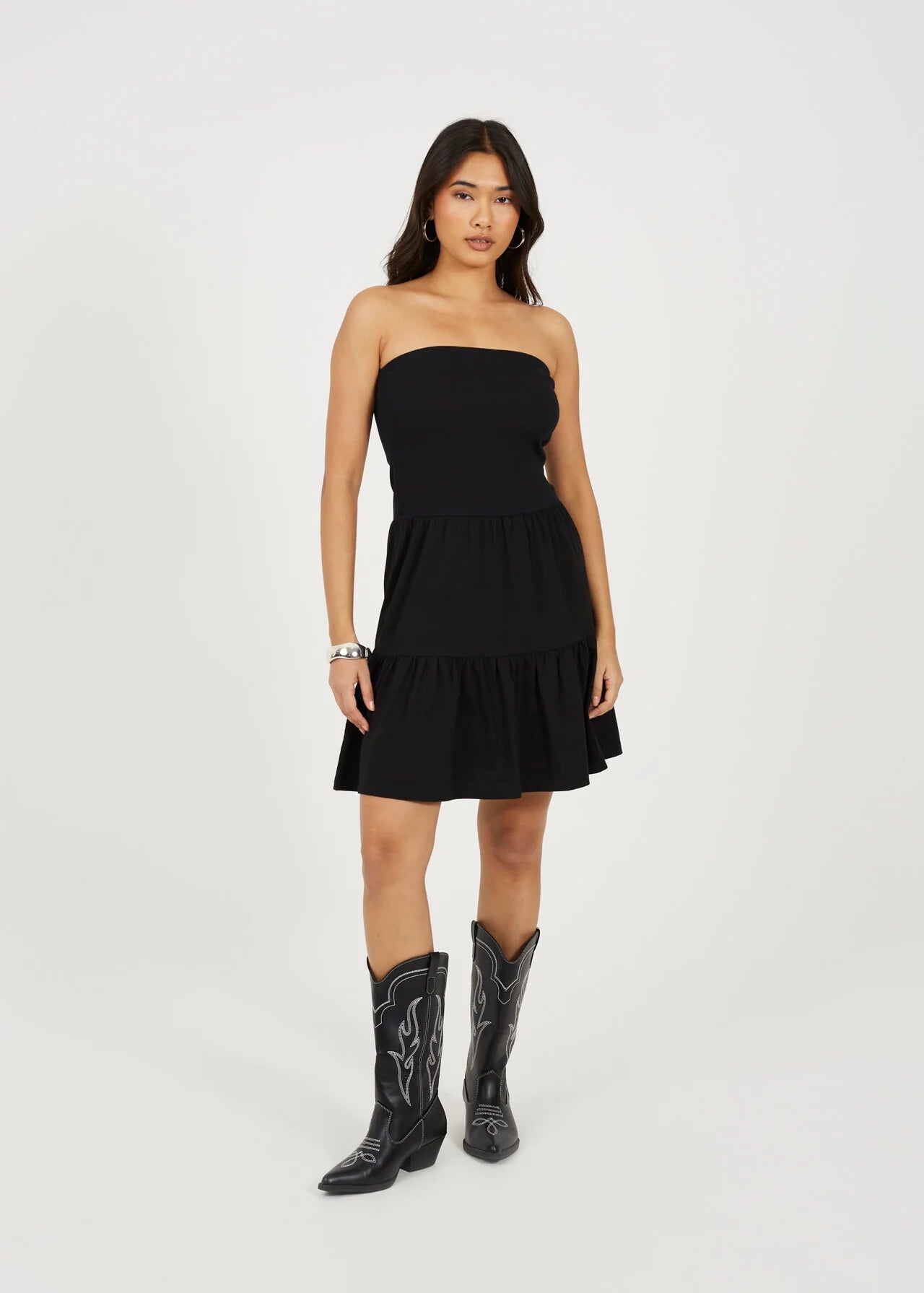 JERSEY TIERRED STRAPLESS MINI DRESS