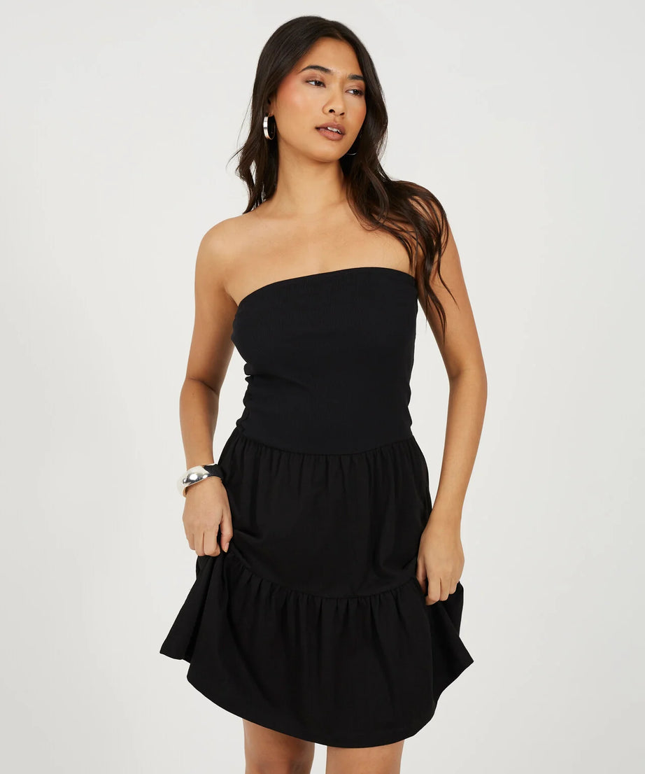JERSEY TIERRED STRAPLESS MINI DRESS