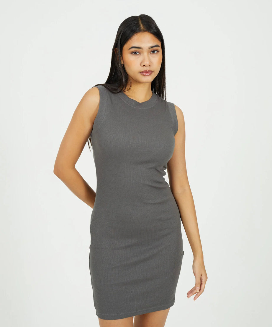 CREW NECK SLEEVELESS JERSEY MINI DRESS, ASH
