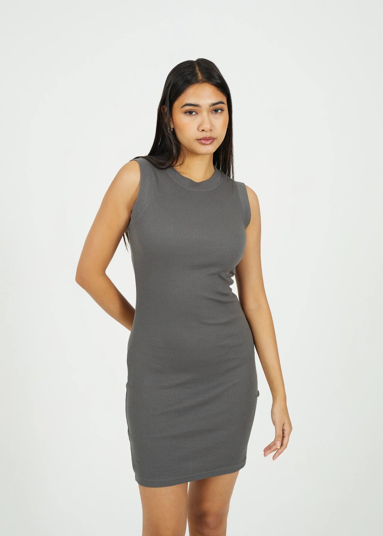 CREW NECK SLEEVELESS JERSEY MINI DRESS, ASH