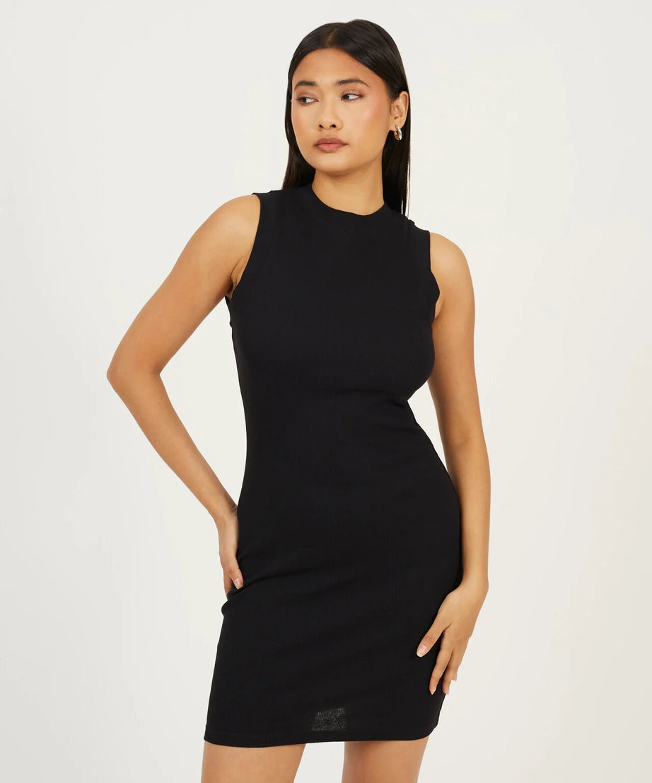 CREW NECK SLEEVELESS JERSEY MINI DRESS, BLACK