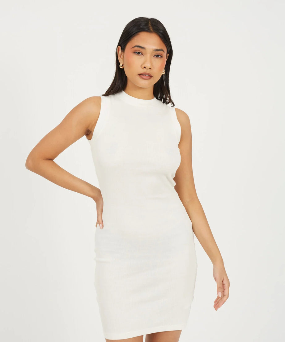 CREW NECK SLEEVELESS JERSEY MINI DRESS, CREAM