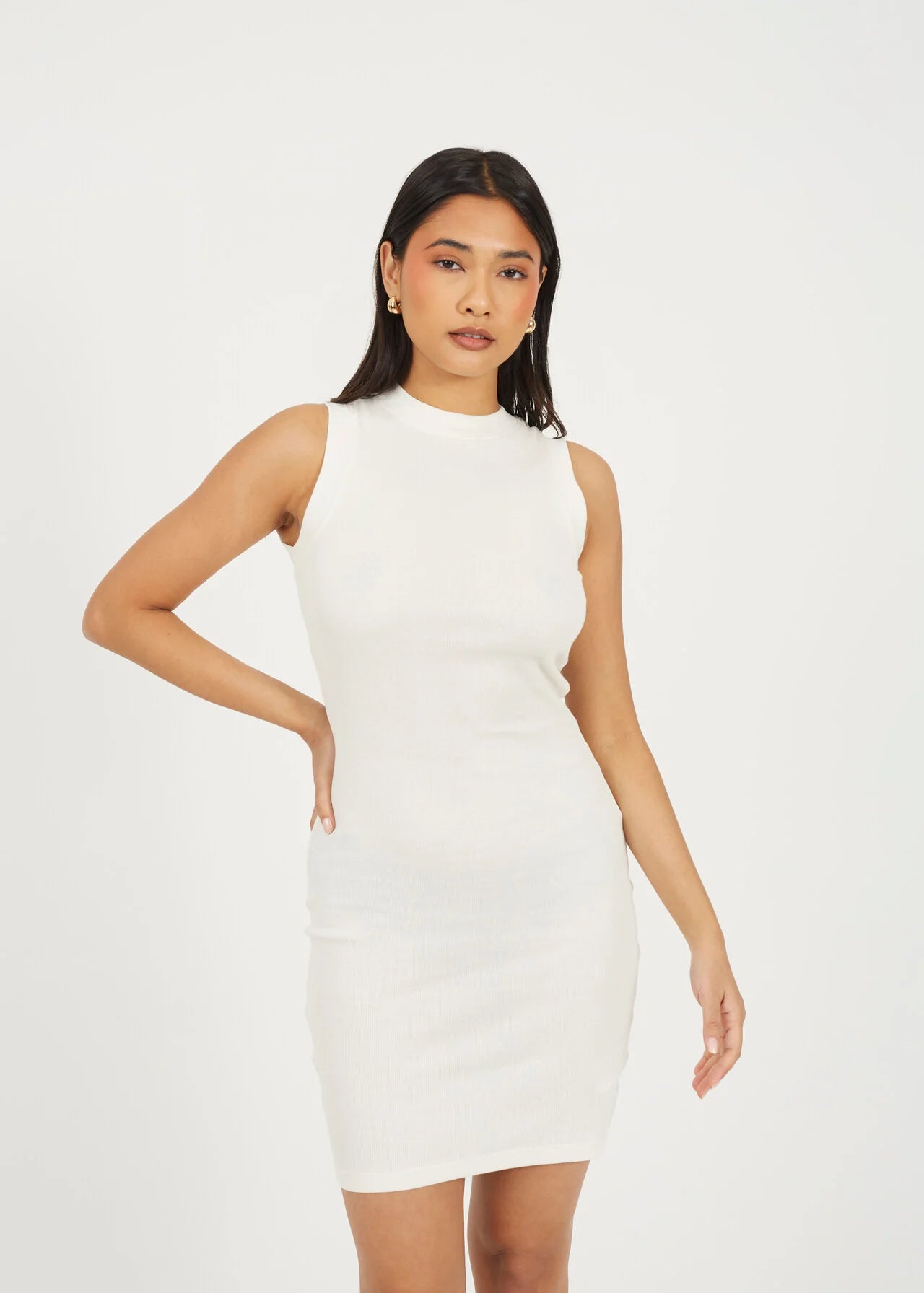 CREW NECK SLEEVELESS JERSEY MINI DRESS, CREAM