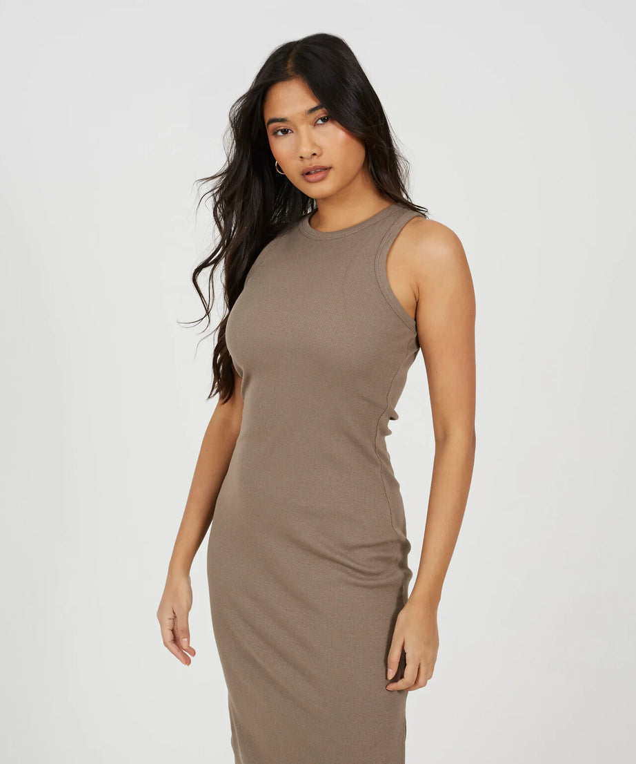 CREW NECK MIDI BODYCON DRESS WITH SLIT DETAIL, ROCK