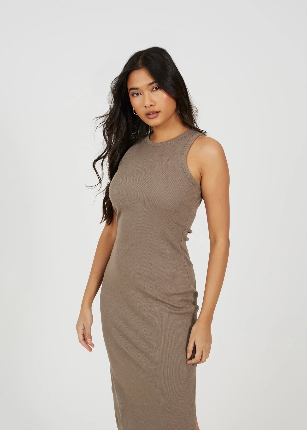 CREW NECK MIDI BODYCON DRESS WITH SLIT DETAIL, ROCK