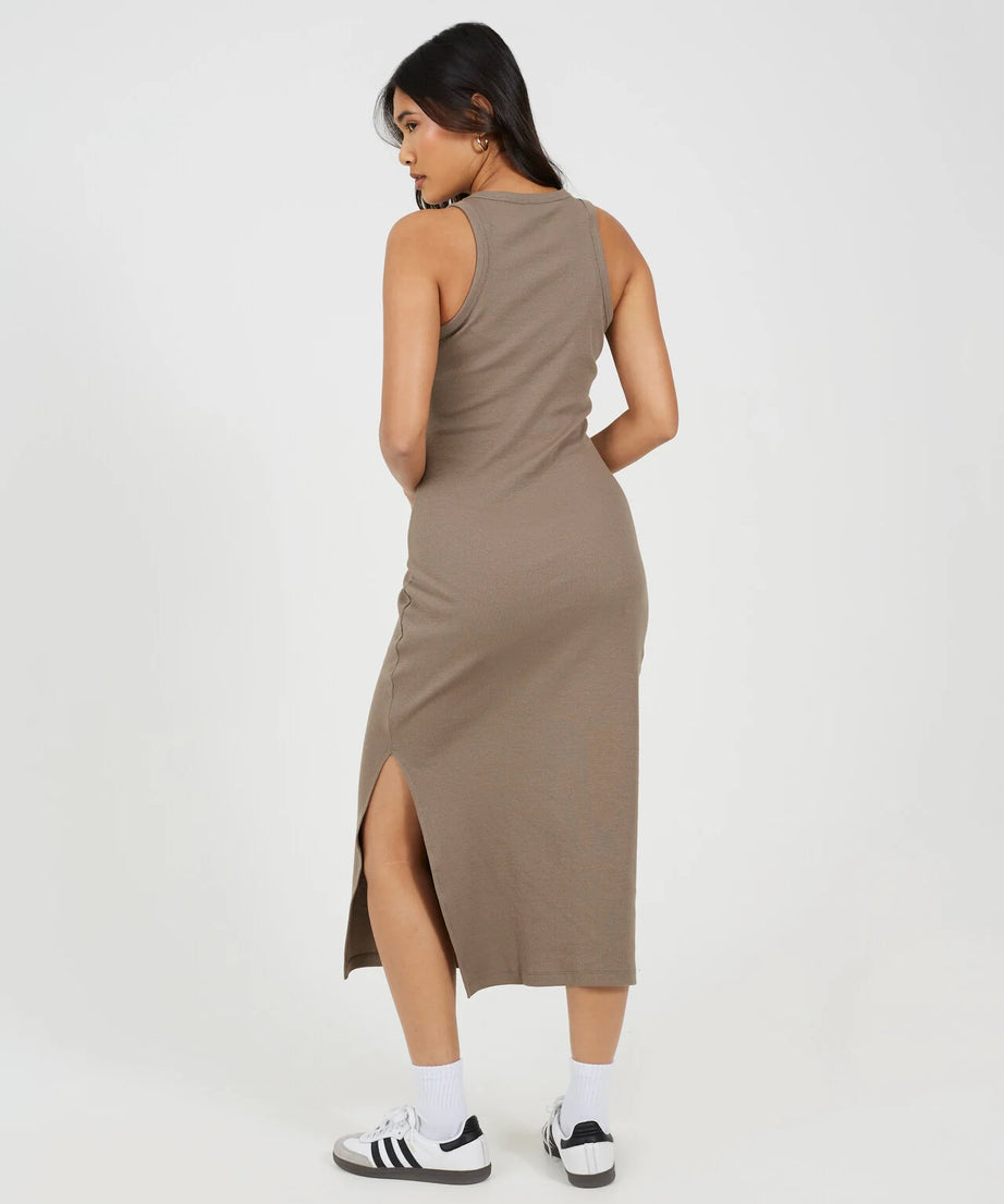 CREW NECK MIDI BODYCON DRESS WITH SLIT DETAIL, ROCK