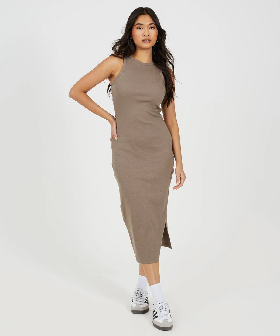 CREW NECK MIDI BODYCON DRESS WITH SLIT DETAIL, ROCK