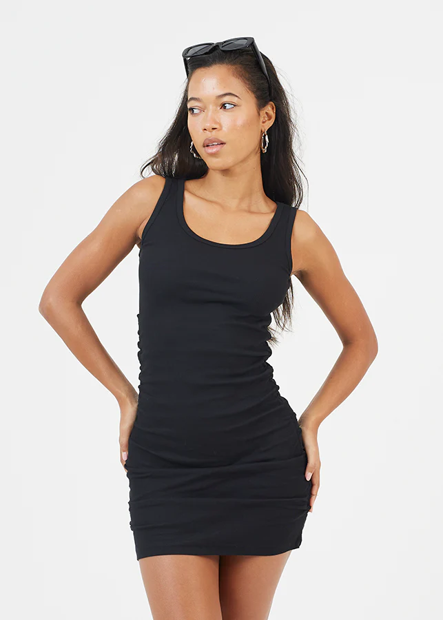 Brave Soul Ruched Side Ribbed Mini Dress – Black & Ash