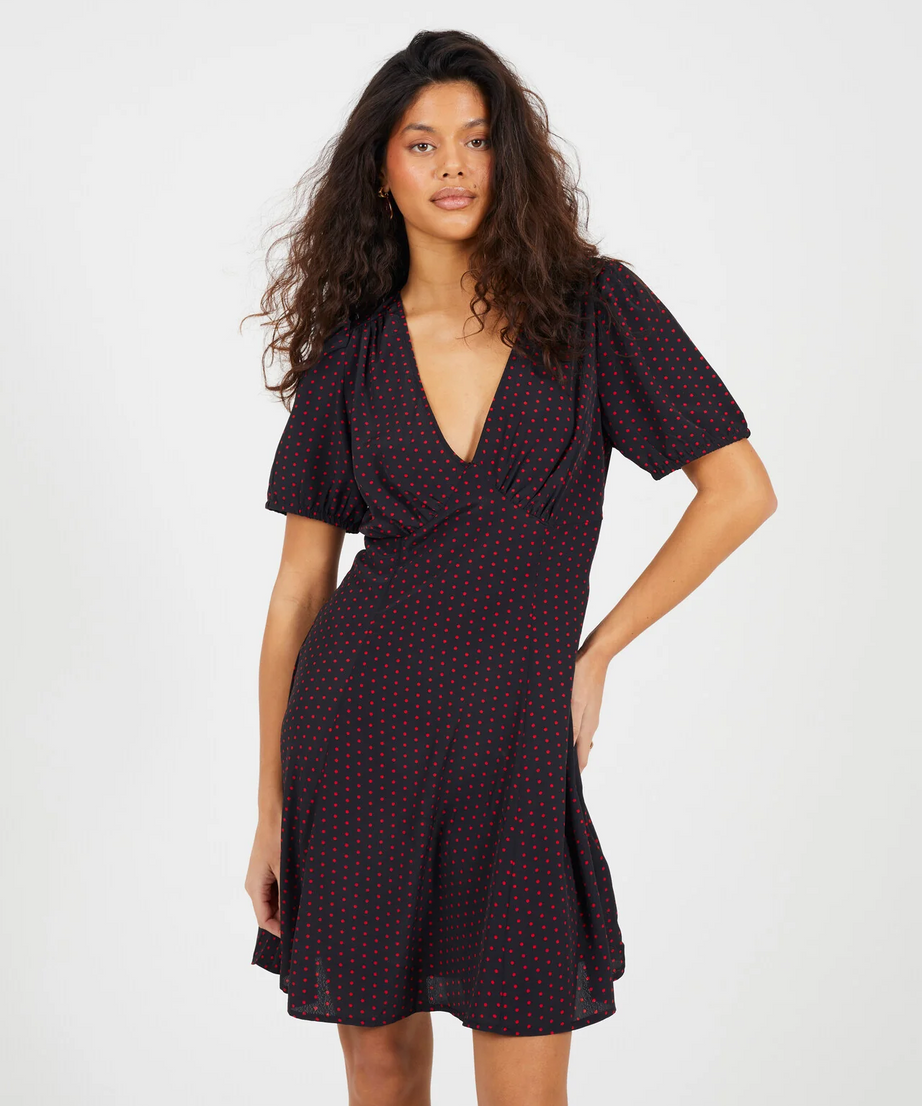 Black & Red V-Neck Short Sleeve Mini Printed Dress – Brave Soul