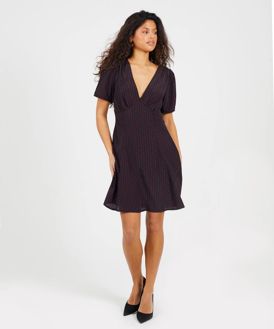 Black & Red V-Neck Short Sleeve Mini Printed Dress – Brave Soul