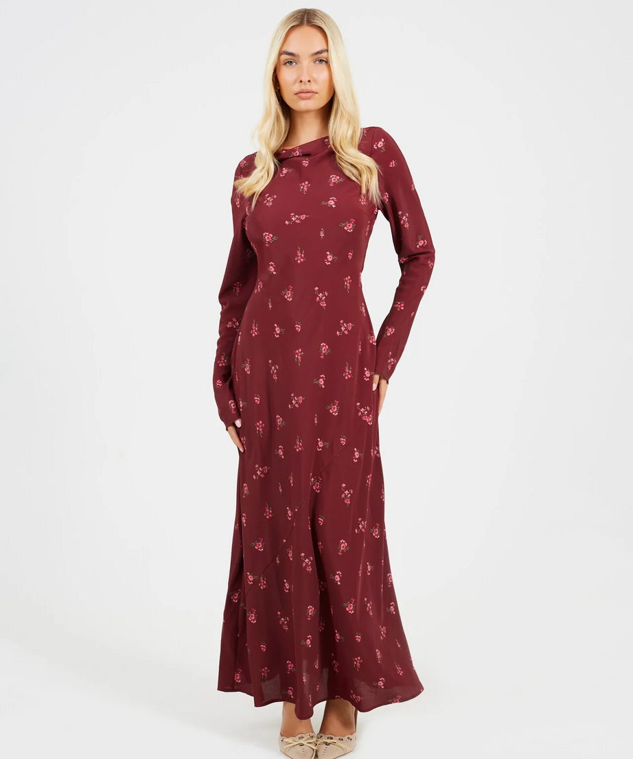 Brave Soul Burgundy Floral Long Sleeve Maxi Dress