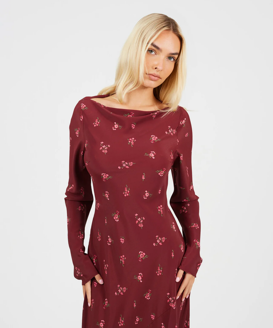 Brave Soul Burgundy Floral Long Sleeve Maxi Dress