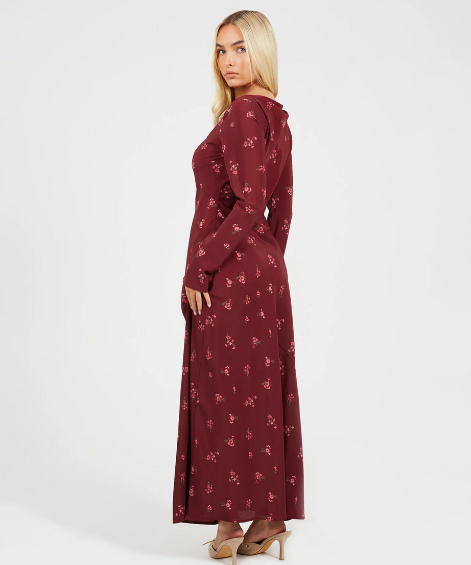 Brave Soul Burgundy Floral Long Sleeve Maxi Dress