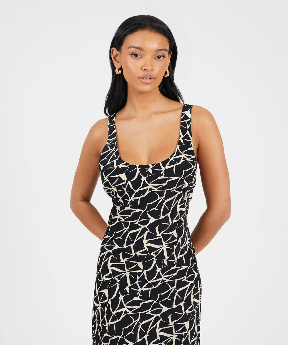 SCOOP NECK MAXI BIAS CUT ABSTRACT FLORAL PRINT DRESS, BLACK/WHITE