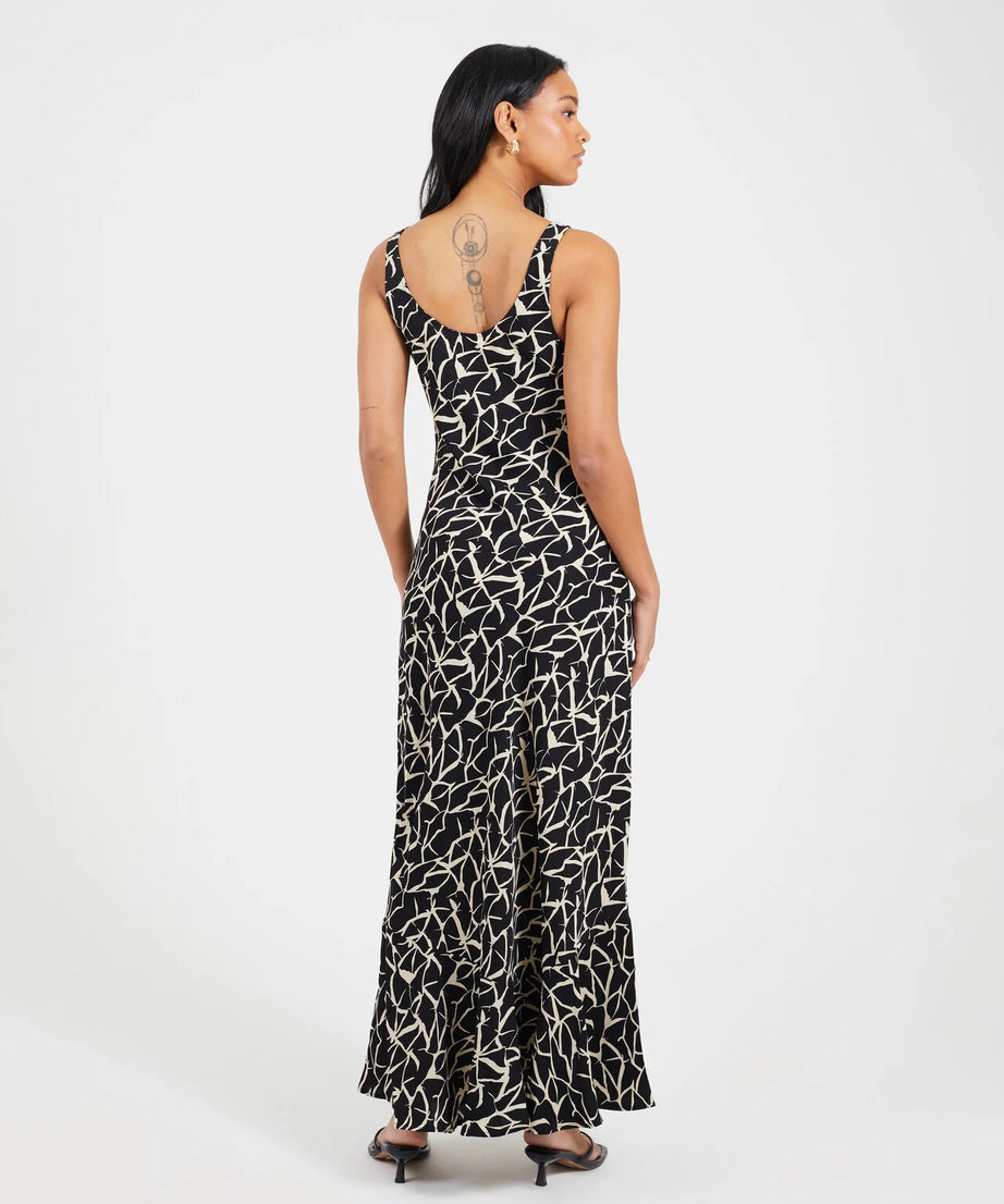 SCOOP NECK MAXI BIAS CUT ABSTRACT FLORAL PRINT DRESS, BLACK/WHITE