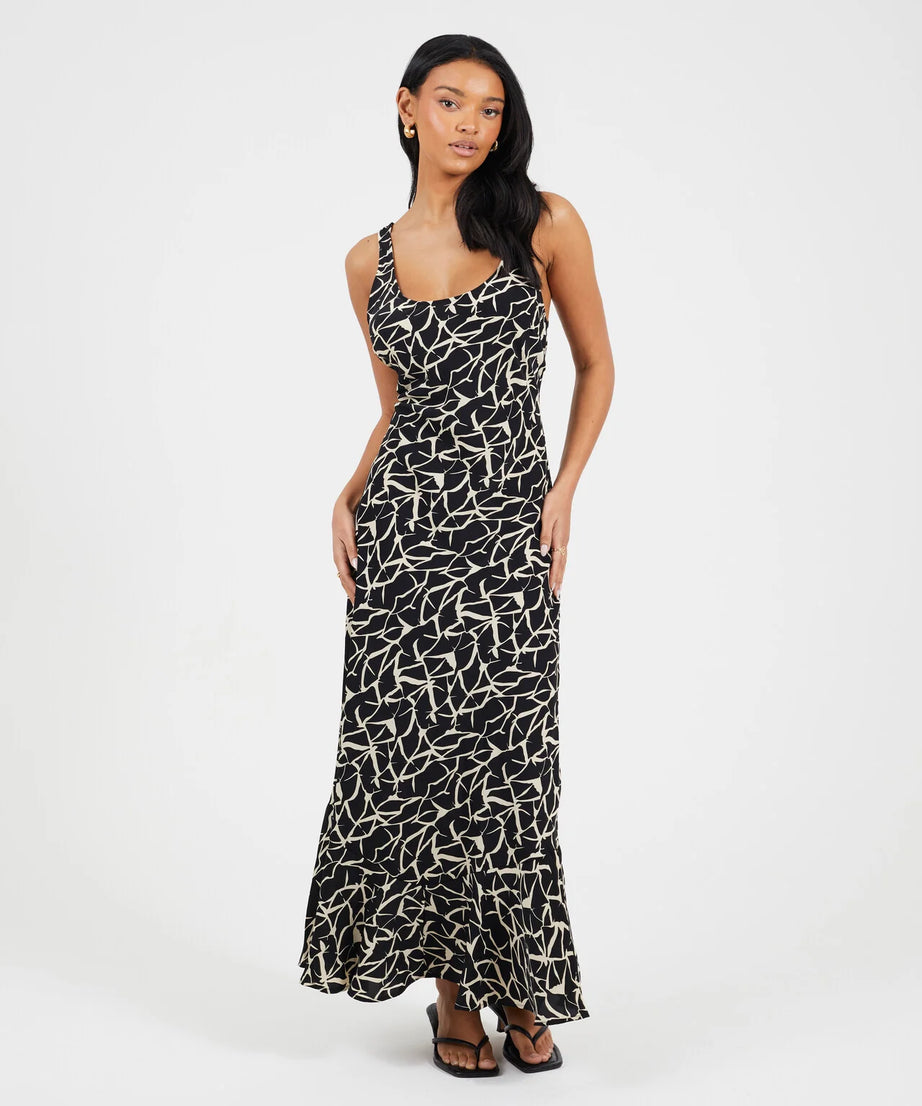 SCOOP NECK MAXI BIAS CUT ABSTRACT FLORAL PRINT DRESS, BLACK/WHITE