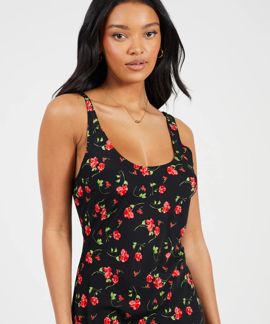 SCOOP NECK ROSE PRINT MAXI DRESS
