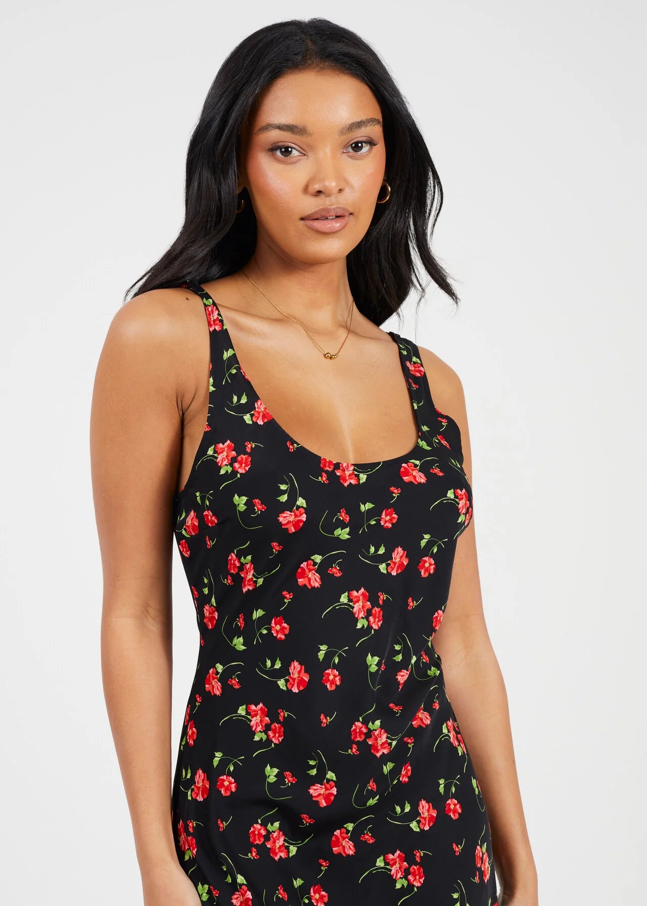 SCOOP NECK ROSE PRINT MAXI DRESS