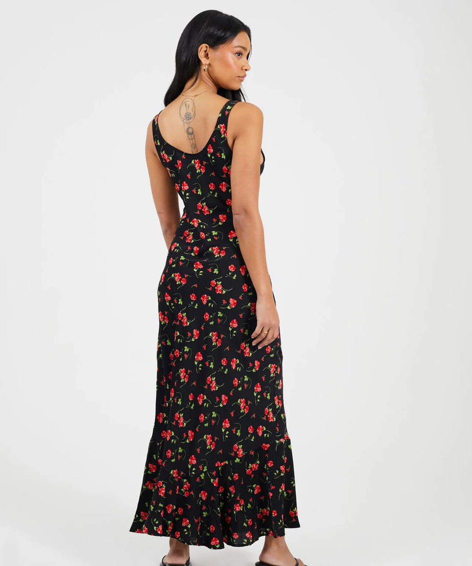 SCOOP NECK ROSE PRINT MAXI DRESS