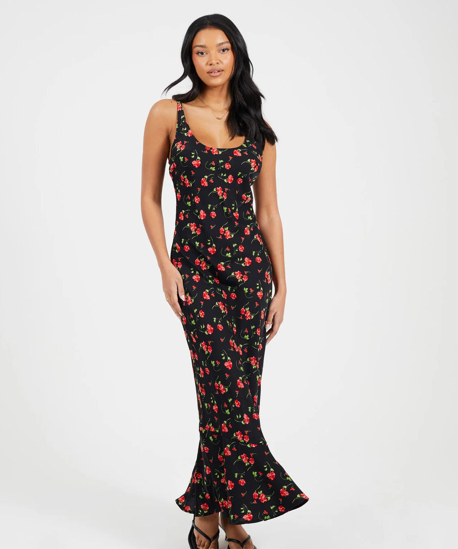 SCOOP NECK ROSE PRINT MAXI DRESS