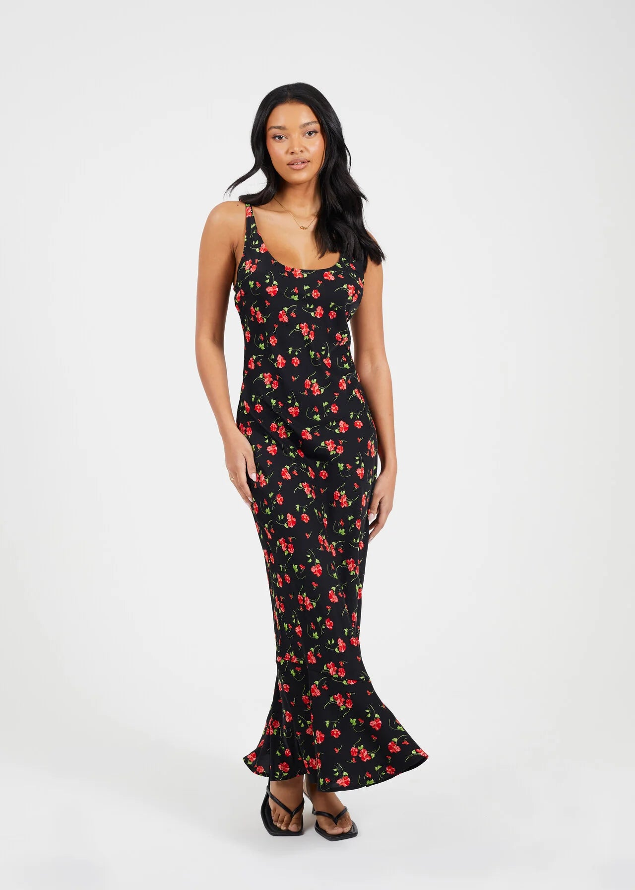SCOOP NECK ROSE PRINT MAXI DRESS