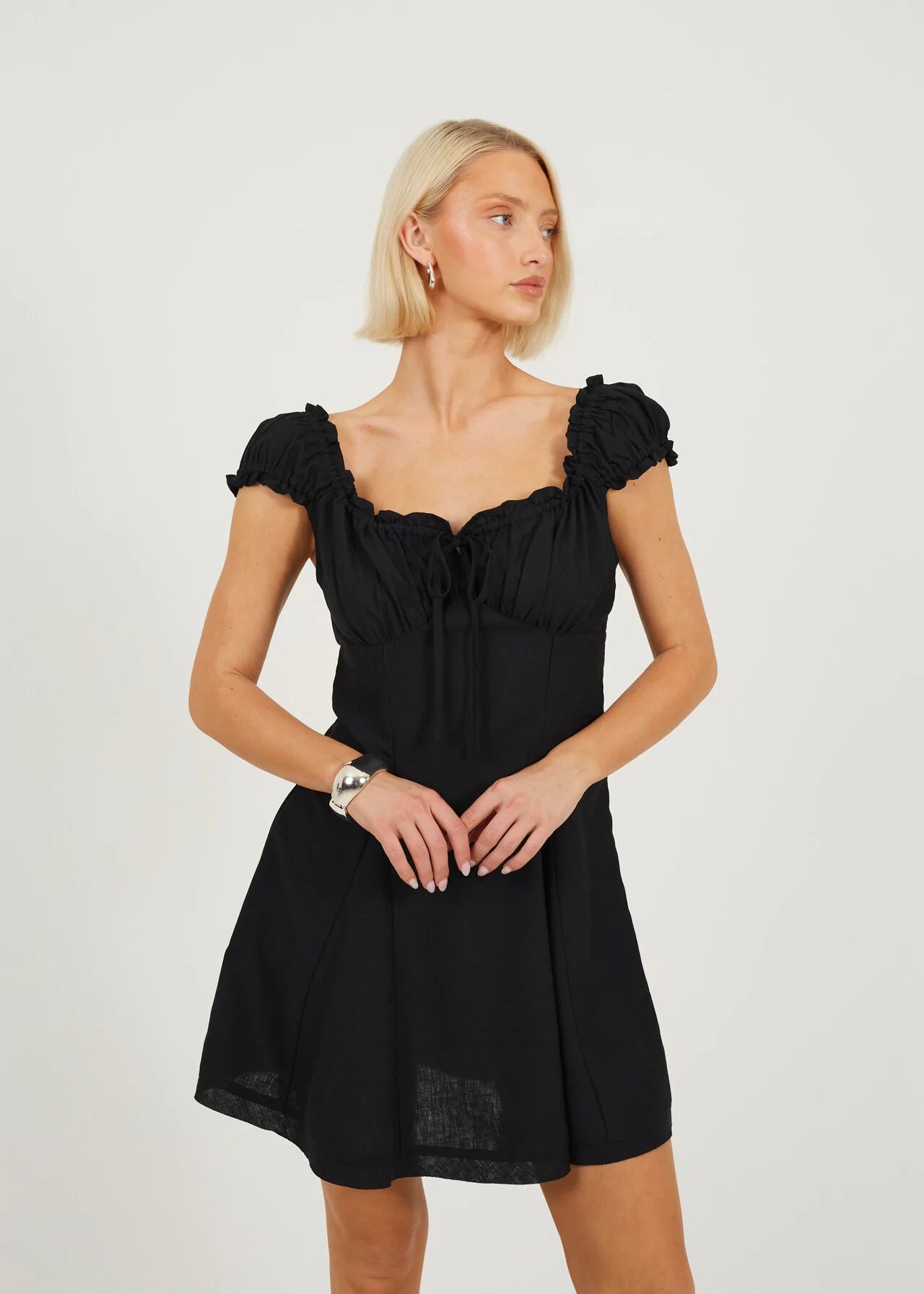 PANELLED MINI WOVEN DRESS, BLACK