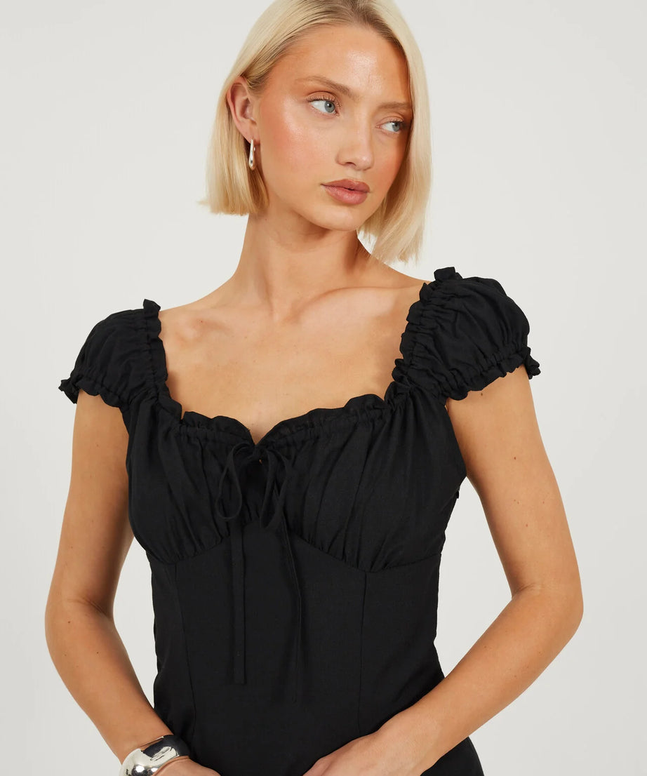 PANELLED MINI WOVEN DRESS, BLACK