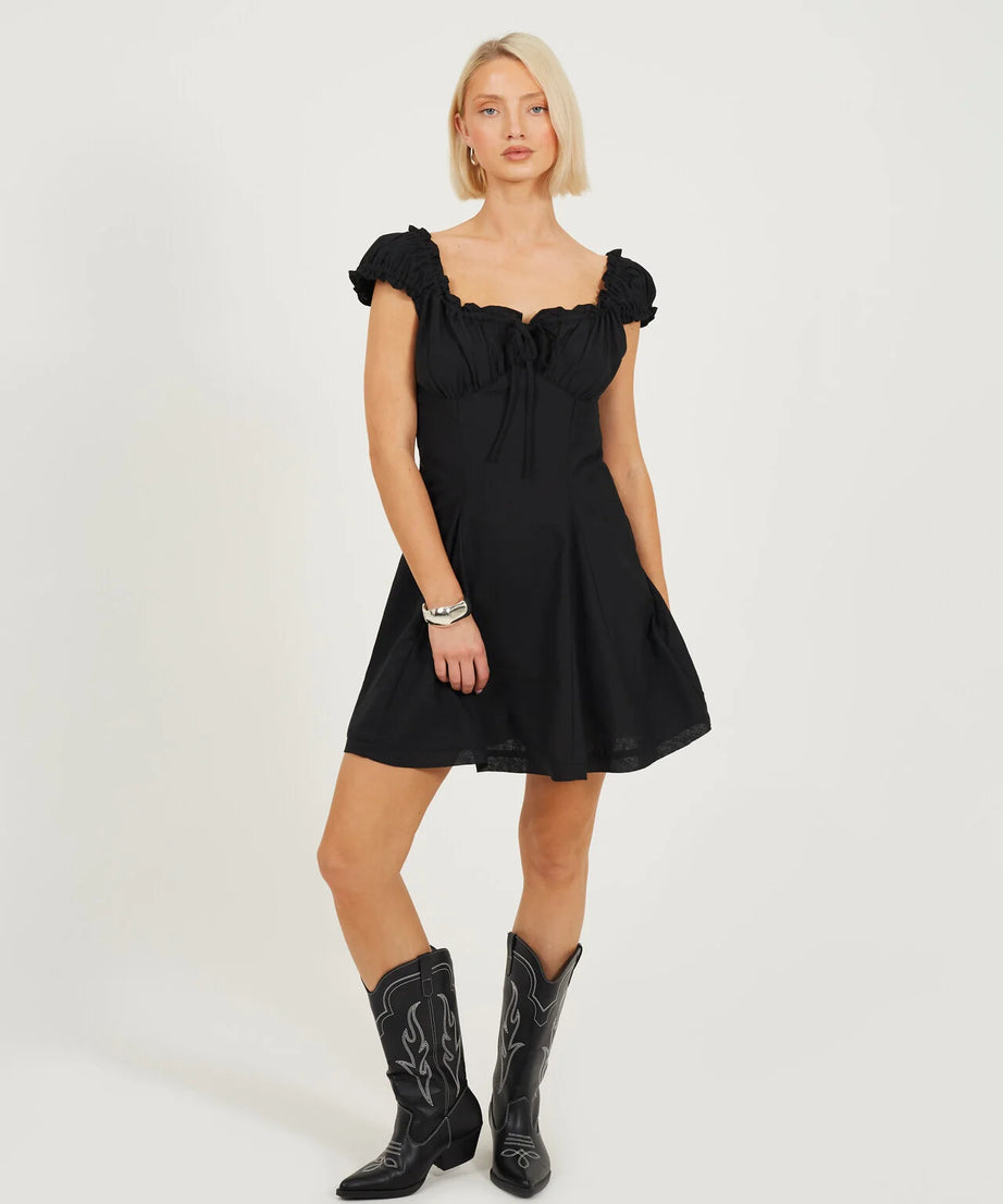 PANELLED MINI WOVEN DRESS, BLACK