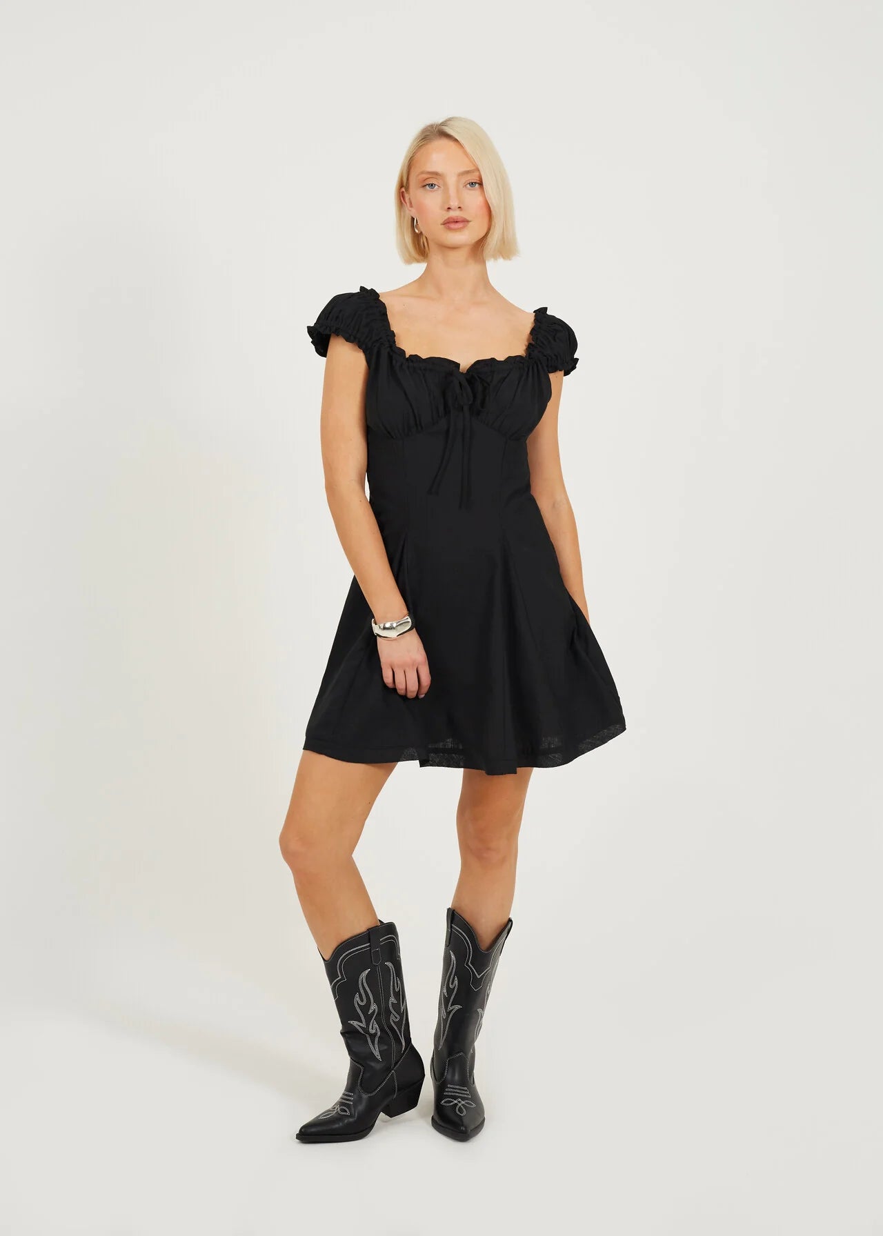 PANELLED MINI WOVEN DRESS, BLACK