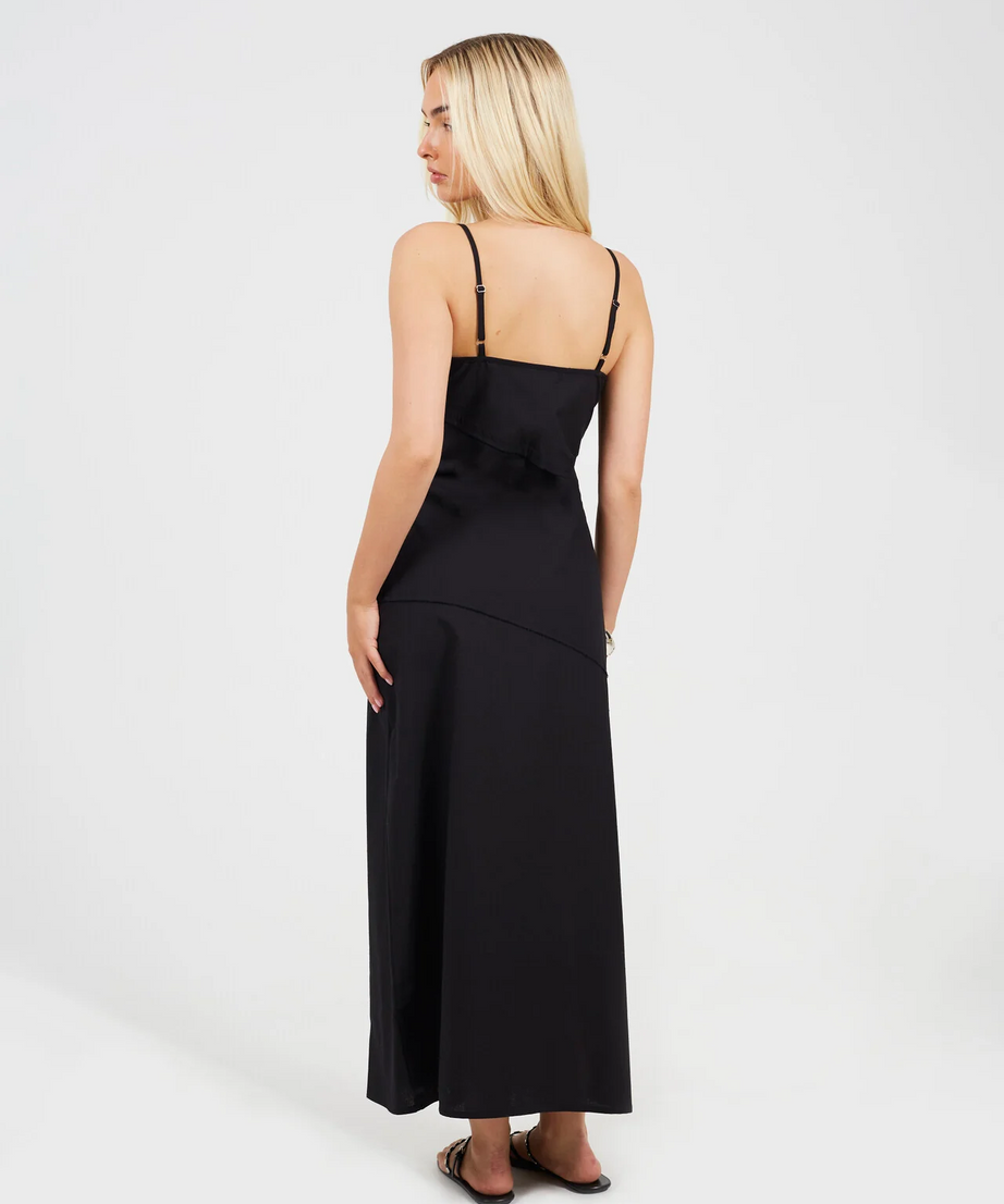 Brave Soul Paneled Strappy Midi Dress – Black | Linen Look | XS–XL