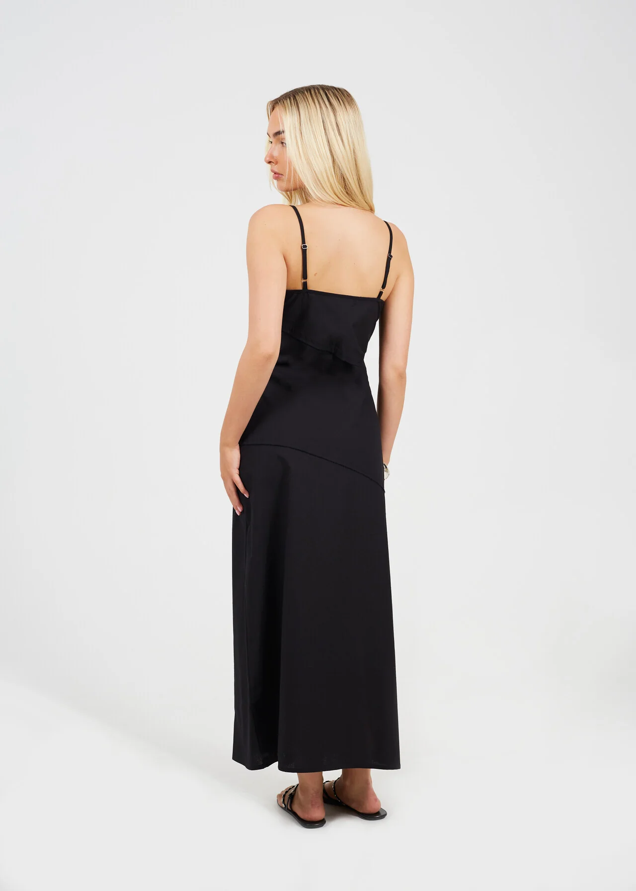 Brave Soul Paneled Strappy Midi Dress – Black | Linen Look | XS–XL