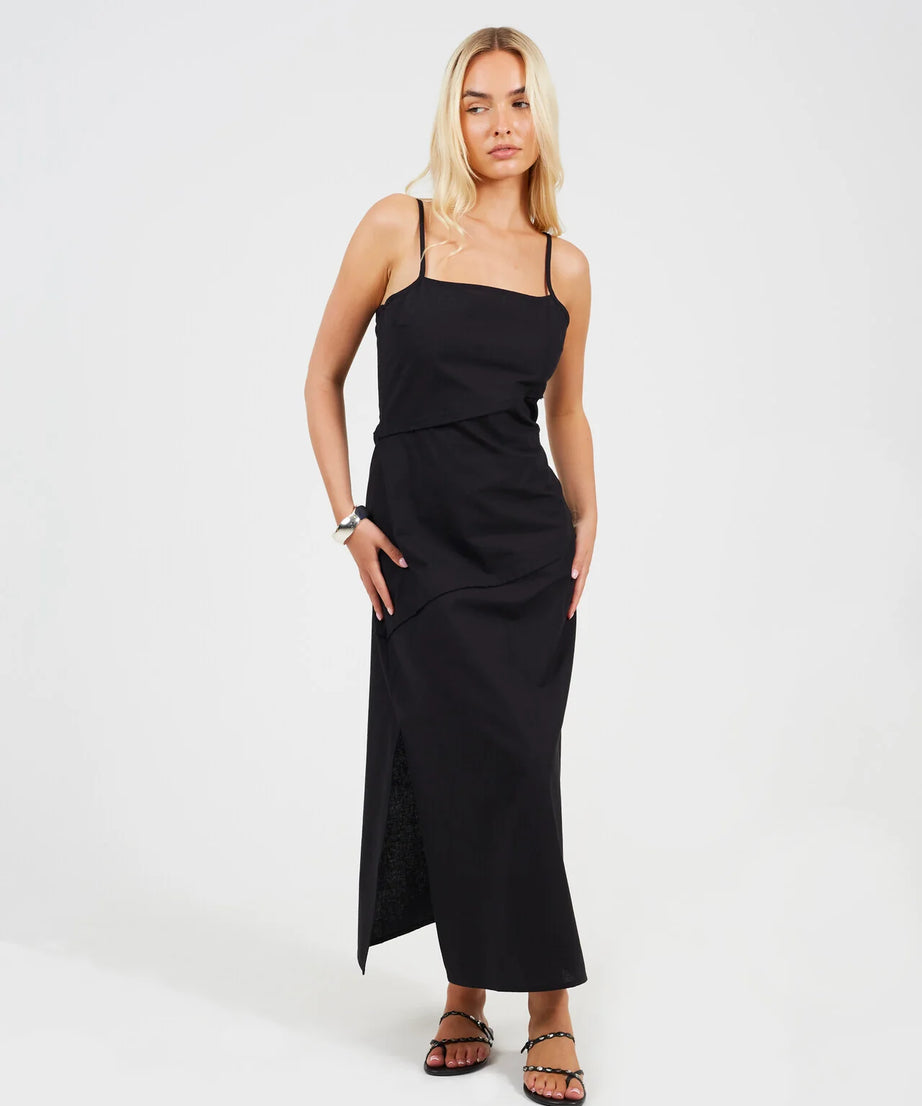 Brave Soul Paneled Strappy Midi Dress – Black | Linen Look | XS–XL