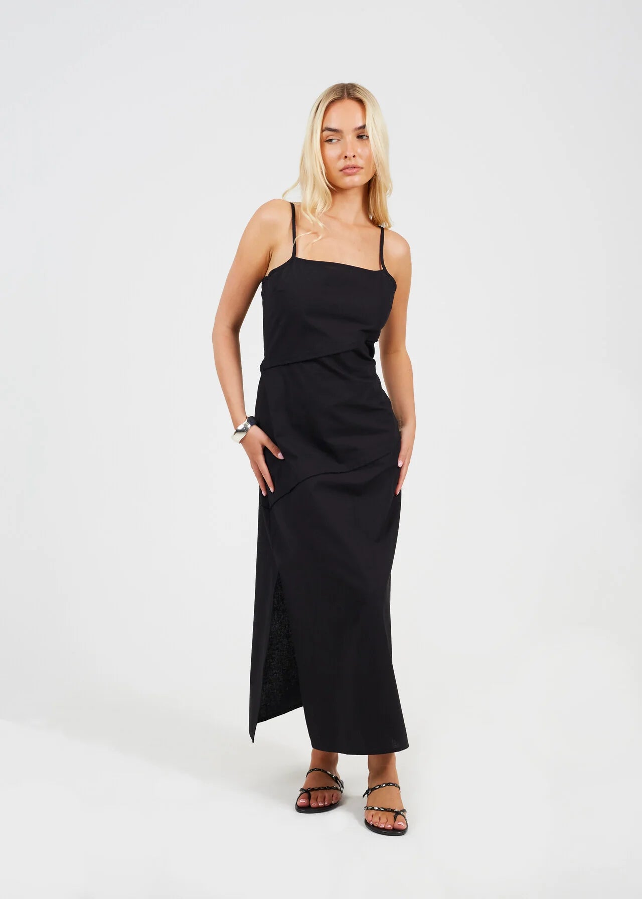 Brave Soul Paneled Strappy Midi Dress – Black | Linen Look | XS–XL